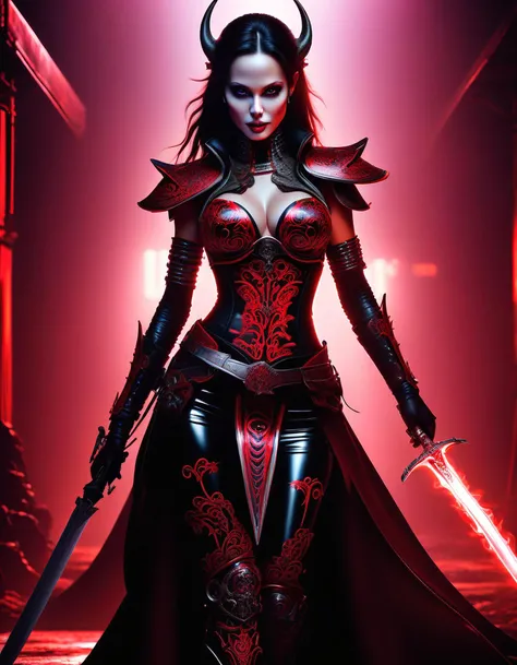 Female Demon Angelina Jolie Sugarskull makeup  (electronics:1.3) Samurai  Neon red latex outfit  busty with cyberpunk , cyborg , wires mechanical leg, no bra, holding sword, , background is dramatic lighting, intricate, elegant, highly detailed, dragon sca...