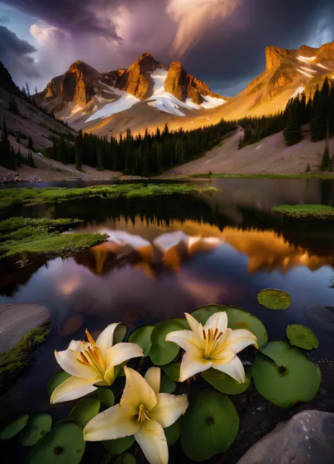 a mountain pond landscape, spring, mountain, many trees, lily pads, foliage, (storm clouds:2), golden hour, (lillies in the foreground:1.2), snow-capped, very low camera angle, mirror reflection, insane detail, exquisite detail, lots of texture, tack sharp...