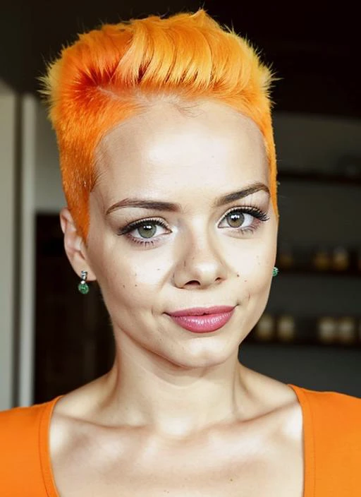 portrait of sks woman by Flora Borsi, style by Flora Borsi, bold, bright colours, orange Mohawk haircut, ((Flora Borsi)), <lora:locon_elsajean_v1_from_v1_64_32:1.25>