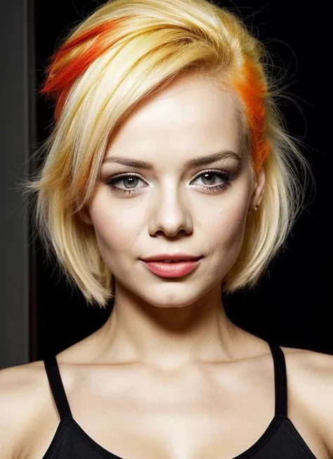 portrait of sks woman by Flora Borsi, style by Flora Borsi, bold, bright colours, orange Mohawk haircut, ((Flora Borsi)), <lora:locon_elsajean_v1_from_v1_64_32:1>