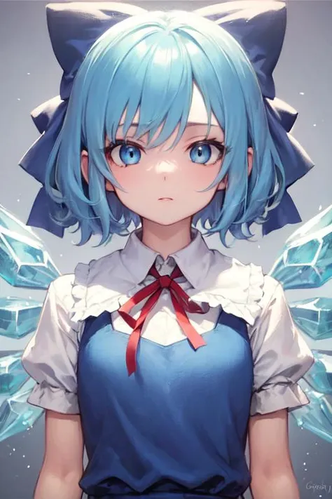 detailed background, masterpiece, best quality, cirno, crystal wings, blue hair, blue eyes, puffy short sleeves