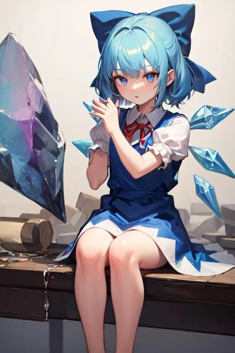 detailed background, masterpiece, best quality, cirno, crystal wings, blue hair, blue eyes, puffy short sleeves, sitting