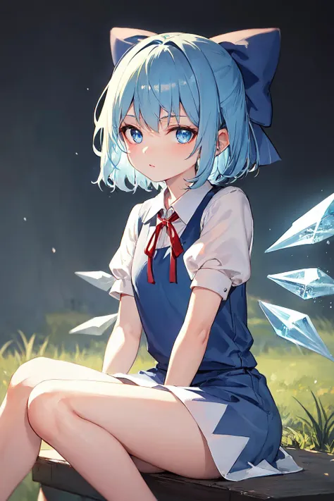 detailed background, masterpiece, best quality, cirno, crystal wings, blue hair, blue eyes, puffy short sleeves, sitting