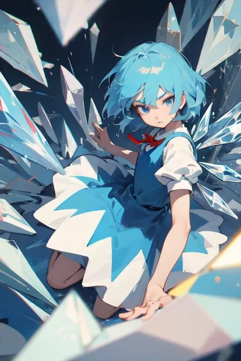 detailed background, masterpiece, best quality, cirno, crystal wings, blue hair, blue eyes, puffy short sleeves