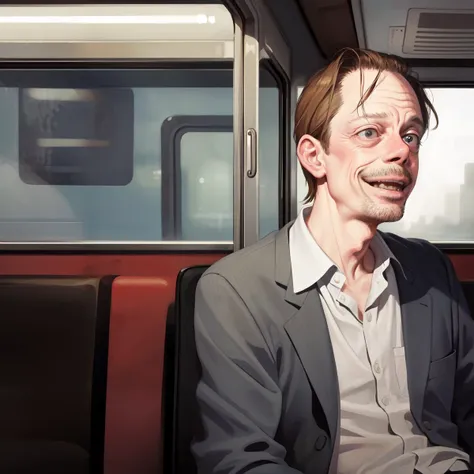 realistic portrait of steve buscemi laughing in the bus, looking away, looking to the side, solo