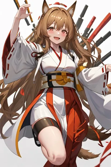 best quality, masterpiece, highres, solo, {white kimono:1.35}, {red hakama:1.35}, {wide sleeves:1.20}, {ceobe_arknights:1.15}, animal_ears, long_hair, dog_ears, brown_hair, bangs, red_eyes, smile, dog_girl, open_mouth, breasts, blush, upper_body, hair_betw...