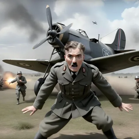 <lora:SDXL Chaplin films The Great Dictator-000001:0.8>
Chaplin films, best quality, high quality, highres, masterpiece,  sharpening, 3D, animated, full body, 
looking at viewer, dynamic pose, war, battlefield, airplane,