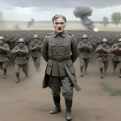 <lora:SDXL Chaplin films The Great Dictator-000001:0.8>
Chaplin films, best quality, high quality, highres, masterpiece,  sharpening, 3D, animated, full body, 
looking at viewer, dynamic pose, war, battlefield,