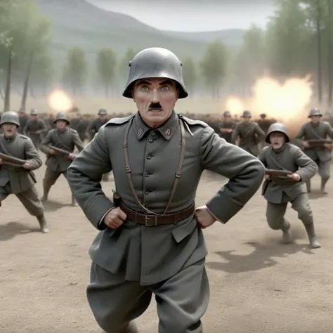 <lora:SDXL Chaplin films The Great Dictator-000001:0.8>
Chaplin films, best quality, high quality, highres, masterpiece,  sharpening, 3D, animated, full body, 
looking at viewer, dynamic pose, war, battlefield,