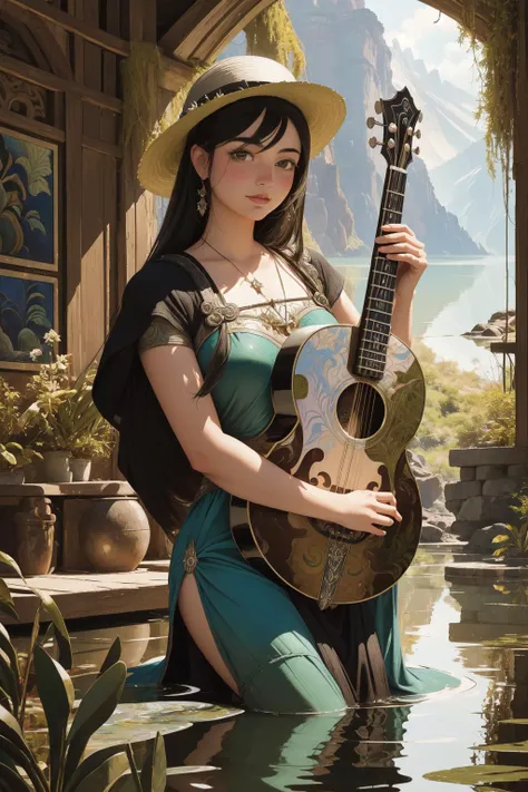 1girl, (art by Diego Rivera:1.3) and (Peter Coulson:1.2) , detailed Mandola art style, Reiwa Era roots with Moss, Deathpunk, hyper detailed, Loathsome Layered ([Pura Besakih|The Island of Circe]:1.3) from inside of a Lake Baikal, at Midday, Proud, Warm lig...