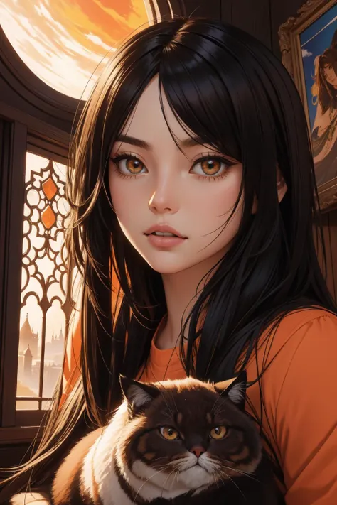 a woman with long black hair holding a cat in her arms