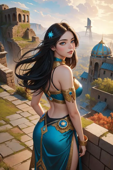 a woman in a blue dress standing on a wall with a castle in the background