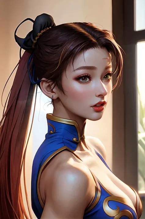 digital art, foliage, Vulgar (Chun-Li:1.3) , her hair is Auburn, she has an electric blue Wizard Hat, from inside of a Restaurant, Fall, soft focus, F/14, matte skin, sci-fi, (((epic-Ultra-HD-details, epic-Ultra-HD-highlights, epic-photo-same-realistic, up...