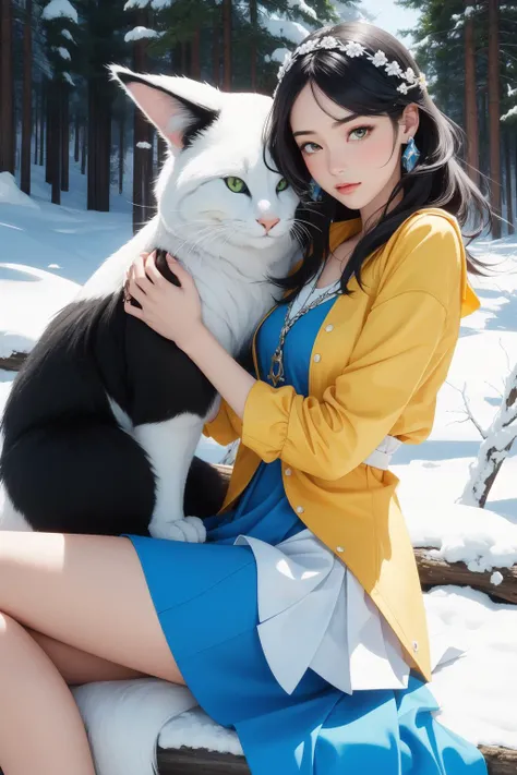 woman in yellow jacket and blue skirt sitting on snow with cat