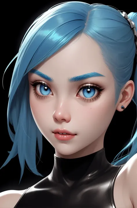 a close up of a woman with blue hair and blue eyes