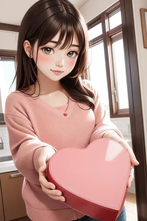 valentine present, 1girl, blush, indoors, handing out, heart