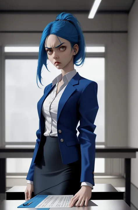 1girl, slim, fit, blue hair,  , angry expression, wearing a pencil skirt, wearing a dress shirt, wearing a blazer, standing at the edge of a conference table, shot from below, cowboy shot,.