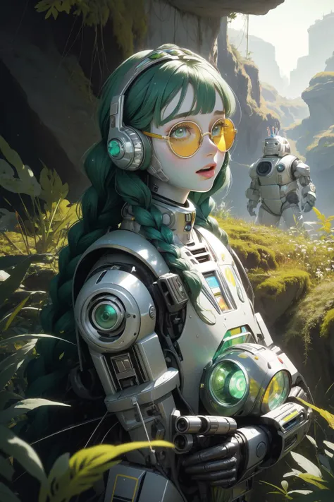 1girl, (colorful art by Jack Manini:0.7) , professional, best quality, behance, hip level shot of a Dumb Sweltering rotund Ukrainian (Female [Cyberman|Voidelf] of Experience:1.3) , she is surrounded by Mossy rocks, she is screaming, Lector, her hair is Arc...