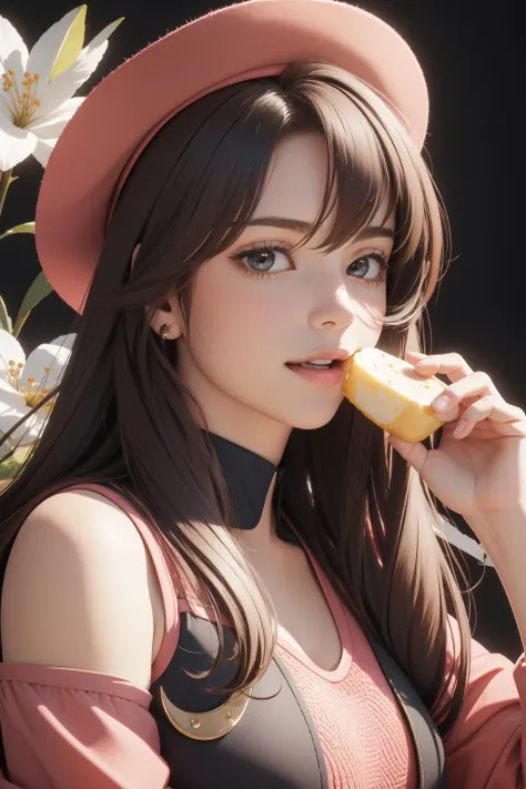 a close up of a woman eating a banana near flowers