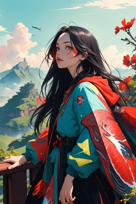 1girl, (art by Darek Zabrocki:1.0) , masterpiece, dripping Crimson and electric green, over the shoulder shot of a Nonchalant Resourceful ([Blue Jay:king mackerel:2]:1.3) , Resonant Wulingyuan Scenic Area in background, dark indigo garden and flower field,...