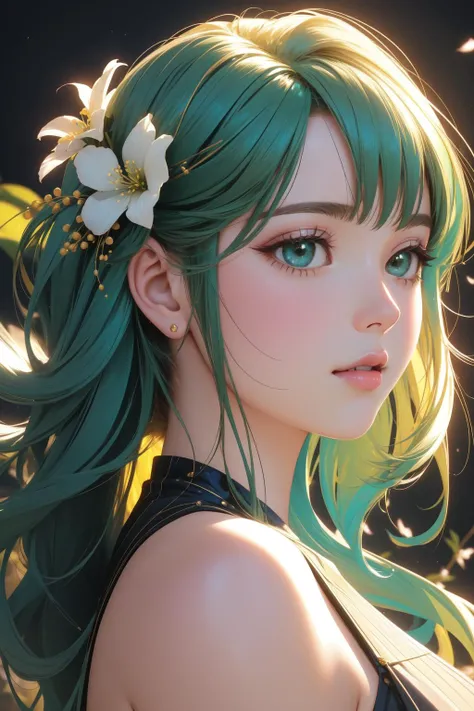 1girl, professional portrait, stylized, close up of a Old Affectionate thicc Disco Era (Female Windcaller:1.3) , her hair is Industrial and styled as Layered, plain Messy background, deep green space and blossoms, Bathed in shadows, horizon-centered, Sketc...