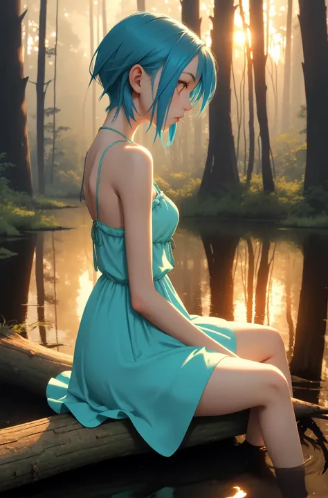 1girl, slim, fit, blue hair,  , calm expression, wearing a colorful sundress, sitting on a log at a misty forest pond, golden hour, shot from the side,.