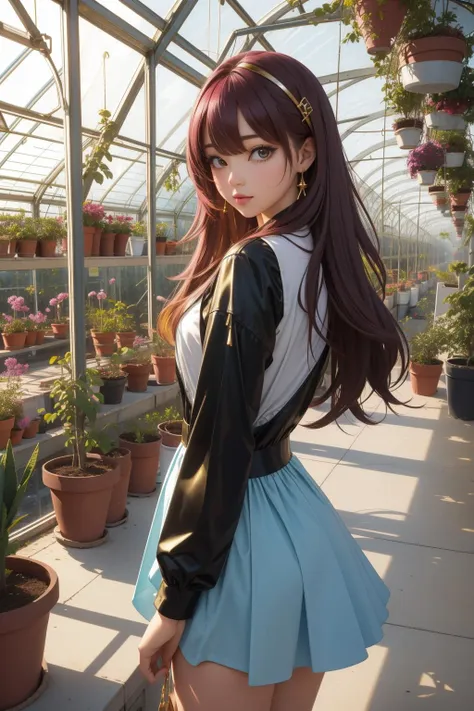 a woman in a short skirt and a black top standing in a greenhouse