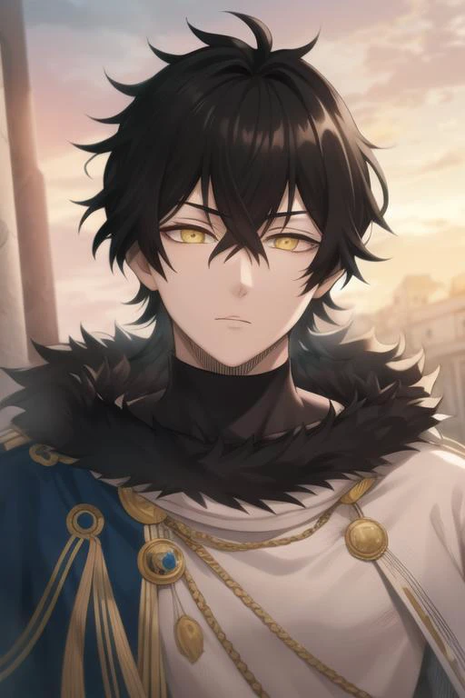 masterpiece, best quality, high quality, 1boy, solo, male focus, looking at viewer, upper body, <lora:yuno:0.74>, yuno, black hair, yellow eyes, hair between eyes, fur trim,