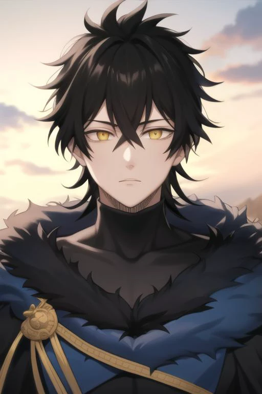 masterpiece, best quality, high quality, 1boy, solo, male focus, looking at viewer, upper body, <lora:yuno:0.76>, yuno, black hair, yellow eyes, hair between eyes, fur trim,