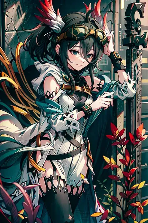 <lora:KnightsInTheNightmare:1> kitn,, ultra detailed, masterpiece, best quality, aesthetic, detailed,, solo, soft smile, light smile, 1girl, aqua eyes, black hair, <lora:low_ponytail-1.0:0.95> low ponytail, ahoge, absurdly long hair, very long hair, hair f...