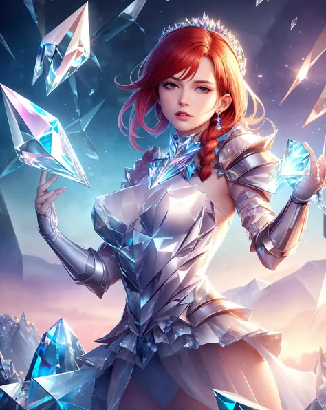 highres render, photo, realistic,8k, extreme detail, perfect face,absurdres, goddess, (masterpiece, best quality),  <lora:crystallineai_v10:1>,(crystallineAI ),1girl, wearing detailed crystalline full-plate armor, cowboy shot, medium breasts, hovering crys...