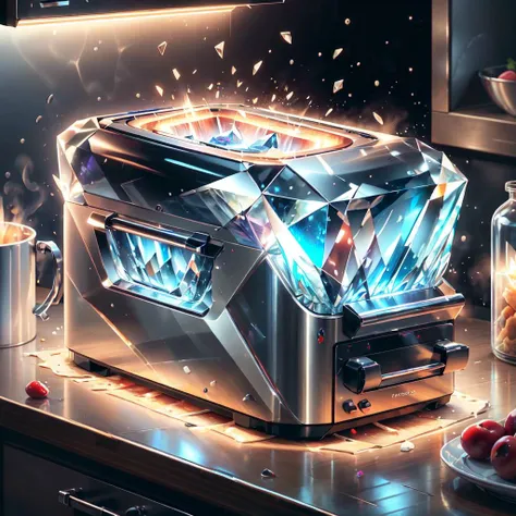 <lora:CrystallineAI-000009:1>, CrystallineAI toaster in kitchen ,  colorful