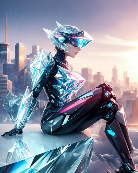 highres render, photo, realistic,8k, extreme detail, perfect face,absurdres, goddess, (masterpiece, best quality),  <lora:crystallineai_v10:1>,(crystallineAI ),1girl, cyberpunk, sitting on building, cityscape, visor, robotic body,