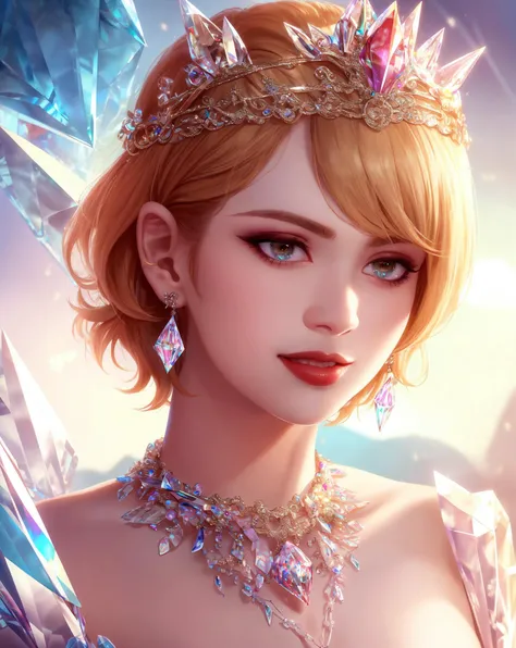 highres render, photo, realistic,8k, extreme detail, perfect face,absurdres, goddess, (masterpiece, best quality),  <lora:crystallineai_v10:1>,(crystallineAI ),1girl, crystal dress, closeup, portrait, crystal earrings,large intricate crystal necklace,smili...