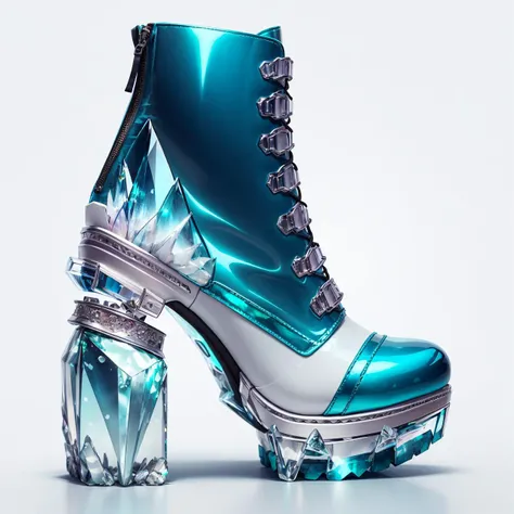 (CrystallineAI:1.1) : high heels, biker boots. product photo, design concept, intricate ; <lora:crystallineai_v10:0.7> ; teal!, white!, latex! ;