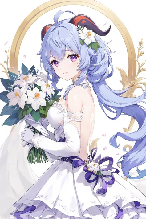 ultra-detailed,(best quality),((masterpiece)),(highres),original,extremely detailed 8K wallpaper,(an extremely delicate and beautiful),
anime,
,
BREAK
ganyu (genshin impact),1girl,solo,dress,horns,flower,bouquet,long hair,blue hair,looking at viewer,weddin...