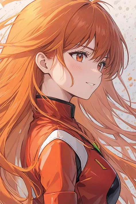 comic portrait of a souryuu asuka langley,light smile,orange and red palette,splash of emotions,. graphic illustration,comic art,graphic novel art,vibrant,highly detailed,((full body)),side view down,