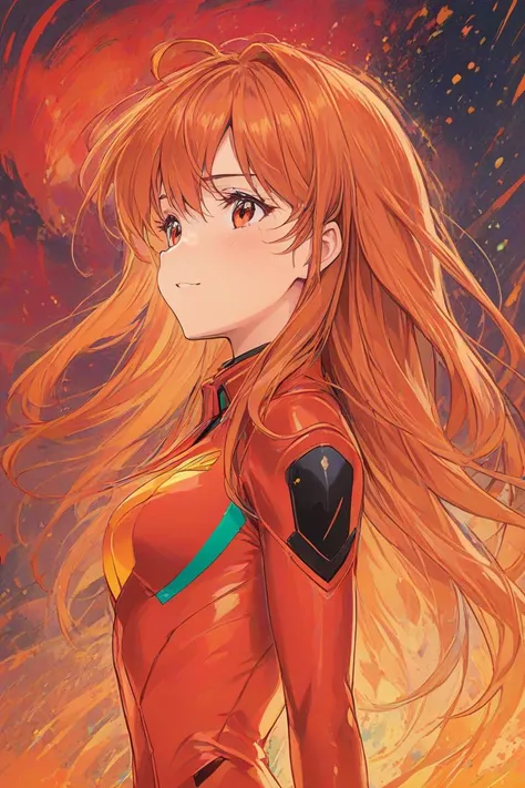 comic portrait of a souryuu asuka langley,light smile,orange and red palette,splash of emotions,. graphic illustration,comic art,graphic novel art,vibrant,highly detailed,((full body)),side view down,