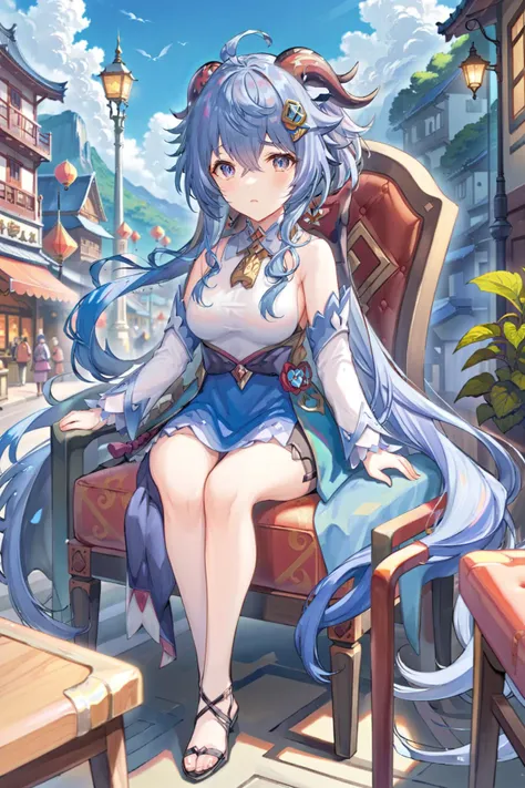 (best quality),((masterpiece)),(highres),original,extremely detailed 8K wallpaper,(an extremely delicate and beautiful),
anime,
,
1girl,ganyu,solo,ganyu (genshin impact),long hair,blue hair,horns,sitting on chair,full body,busy street,
<lora:ganyu_xl-v3:0....