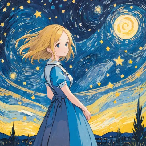 2D,upper body,(Printmaking),(masterpiece),(best quality),1girl,alice,The Starry Night,