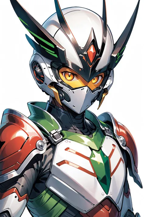 a close up of a robot with a helmet and a green and white suit