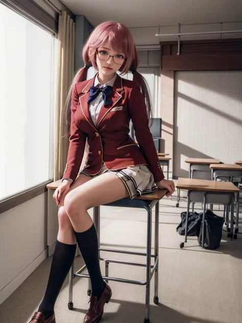 arafed woman sitting on a chair in a classroom with a red jacket