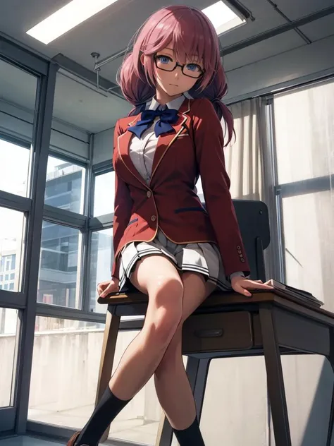 anime girl sitting on a desk with her legs crossed