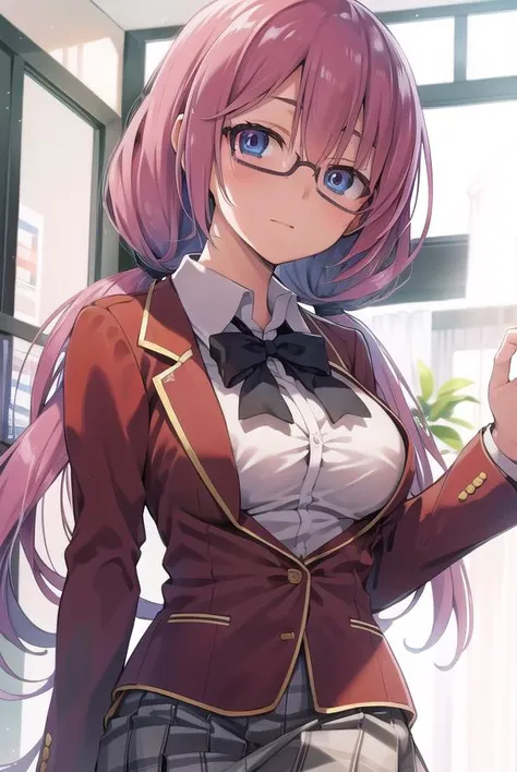 anime girl with pink hair and glasses in a school uniform