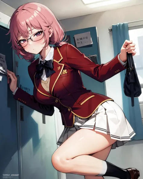 anime girl in uniform leaning on a door with her hand on her hip