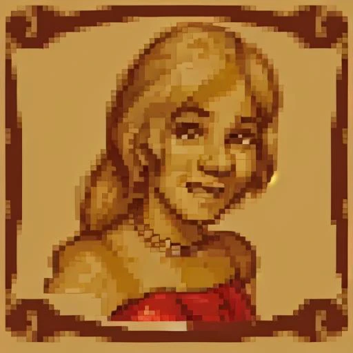 <lora:SNES Lord of the Rings Portraits - V1:0.55> snes_lotr_portrait, sepia tone, parchment_border, pixels, portrait, <lora:Lisa_Simpson1:0.9> lisa simpson, solo, jewelry, yellow skin, dress, red dress, smile, 1girl, colored skin