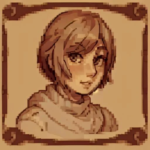 <lora:SNES Lord of the Rings Portraits - V1:0.45> snes_lotr_portrait, sepia tone, parchment_border, pixels, portrait, <lora:Comic Mooskie:0.9> 1girl, short_hair, sweater, fully_clothed