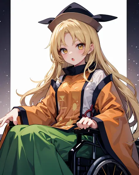 1girl,hat,long hair,blonde hair, yellow eyes, long sleeves,wide sleeves,detached sleeves, white shirt, tabard, green skirt,constellation print,
sitting,;o,  <lora:MataraOkina:1>,wheelchair,