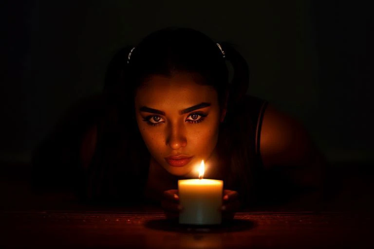 a woman is looking at a lit candle in the dark