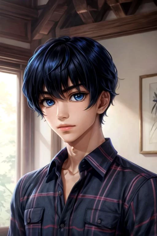 masterpiece, best quality, , 1boy, solo, male focus, looking at viewer, upper body, , <lora:yamato_takura:0.68>, yamato_takura, black hair, blue eyes, flannel shirt, , ,